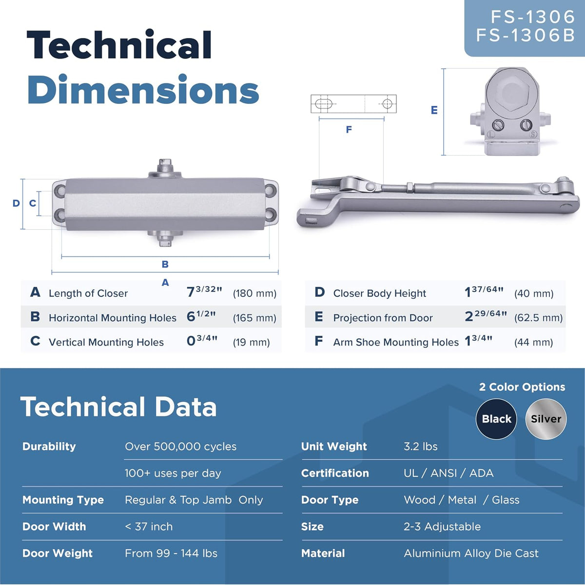 FS-1306 Residential Door Closer - Silver