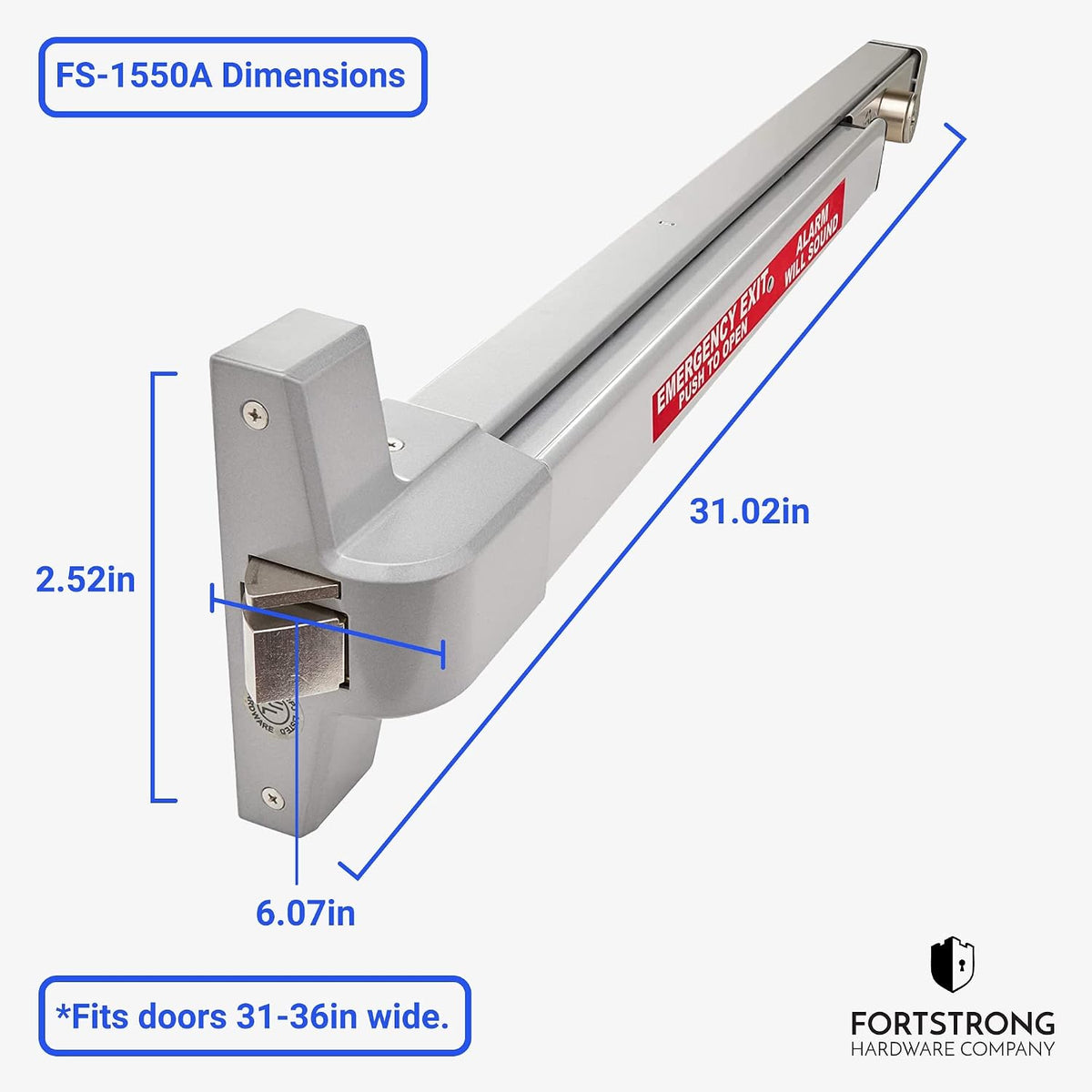 FH-1550A Commercial Panic Bar Exit Device with Alarm - Silver