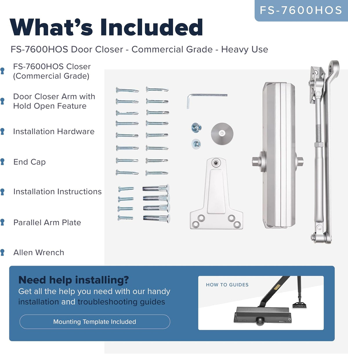 FS-7600HOS Heavy Duty Commercial Door Closer With Hold Open Function - Silver — What’s included