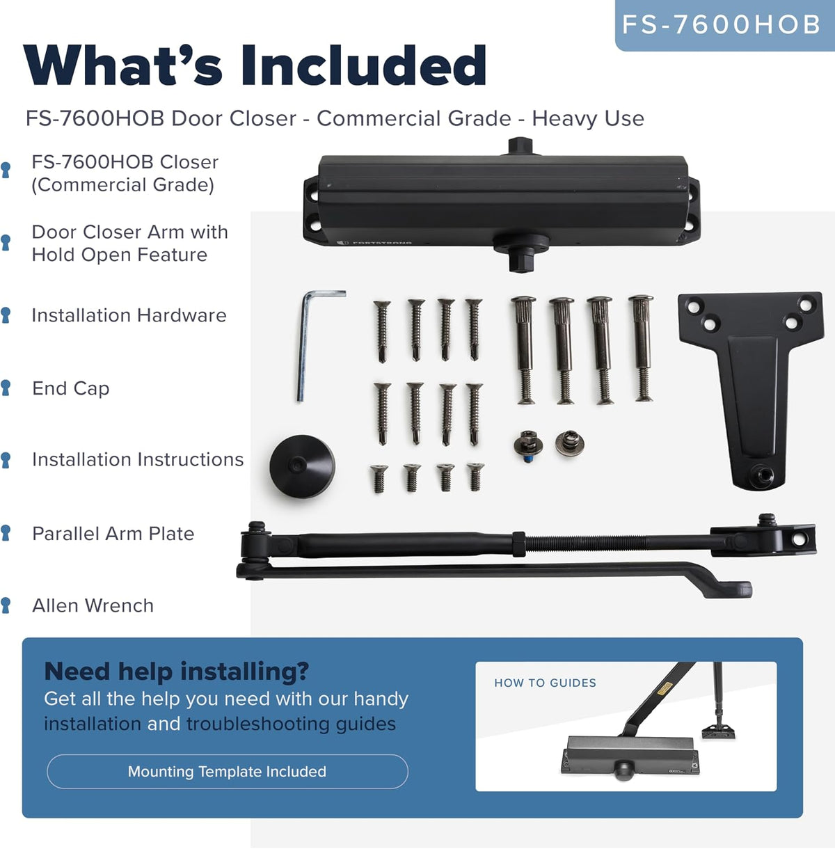 FS-7600HOB Heavy Duty Commercial Door Closer With Hold Open Function - Black — What’s included