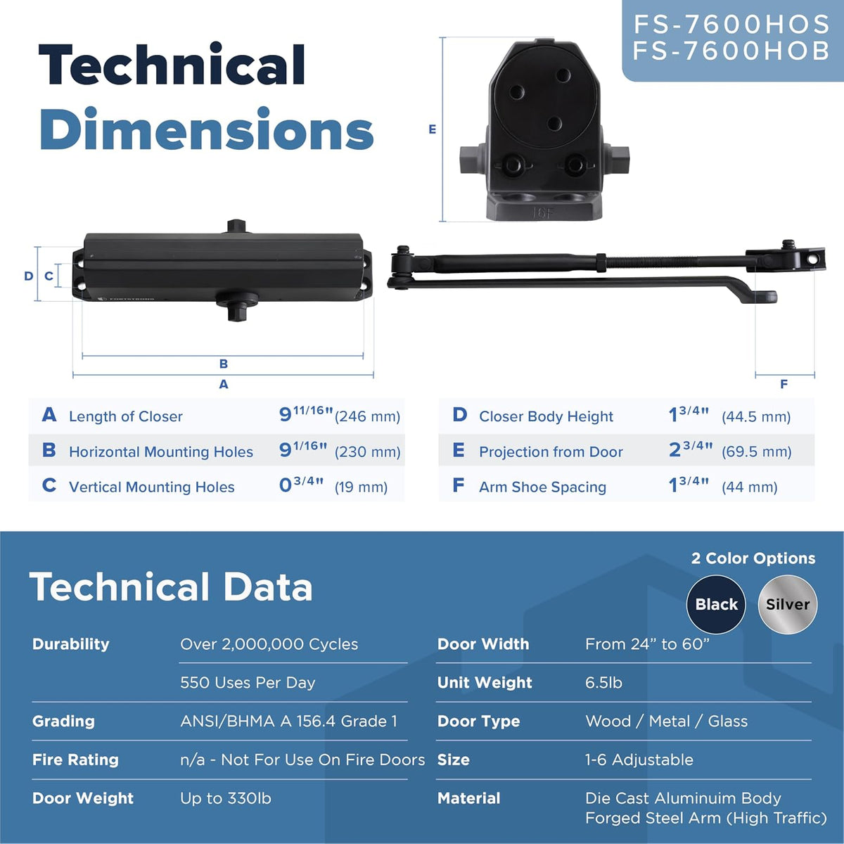 FS-7600HOB Heavy Duty Commercial Door Closer With Hold Open Function - Black