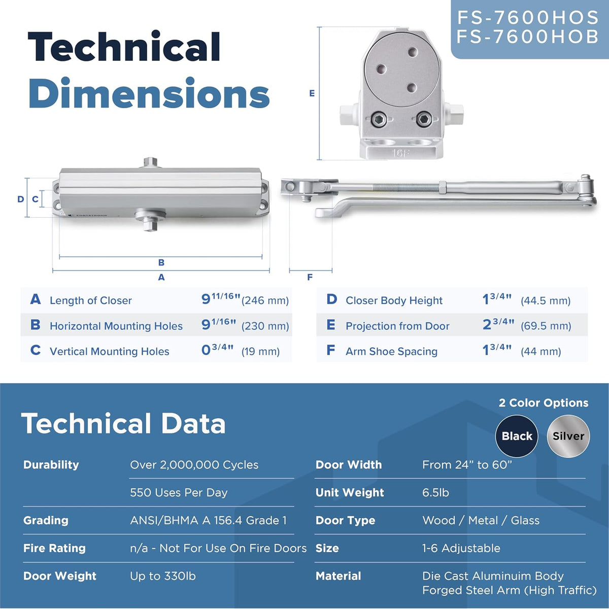 FS-7600HOS Heavy Duty Commercial Door Closer With Hold Open Function - Silver