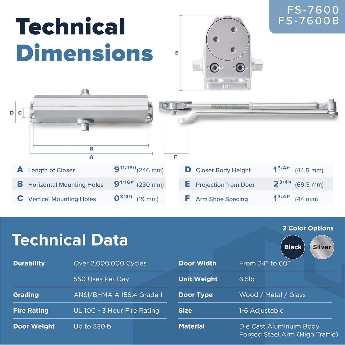 FS-7600 Heavy Duty Commercial Door Closer - Silver