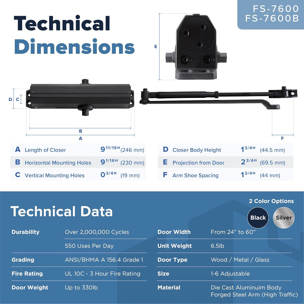 FS-7600B Heavy Duty Commercial Door Closer - Black