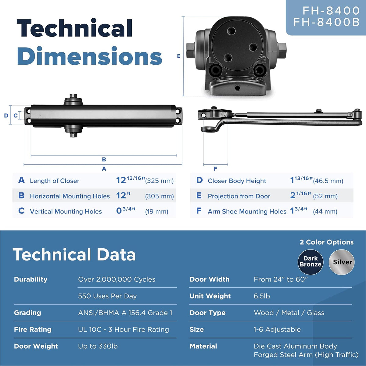 FH-8400B Heavy Duty Commercial Door Closer - Dark Bronze