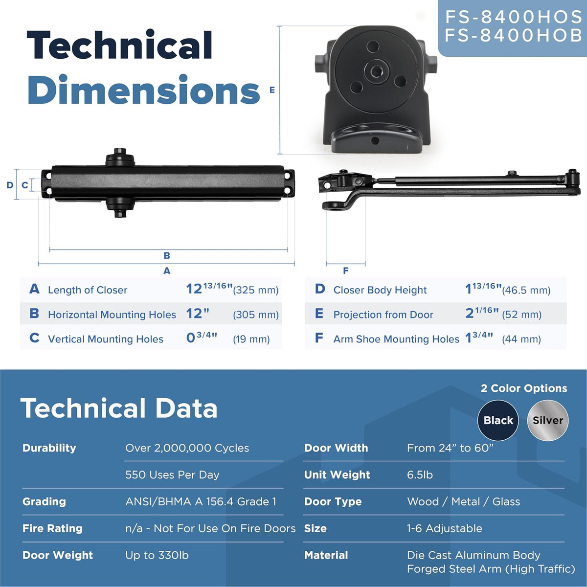 FH-8400HOB Heavy Duty Commercial Door Closer With Hold Open Function - Dark Bronze