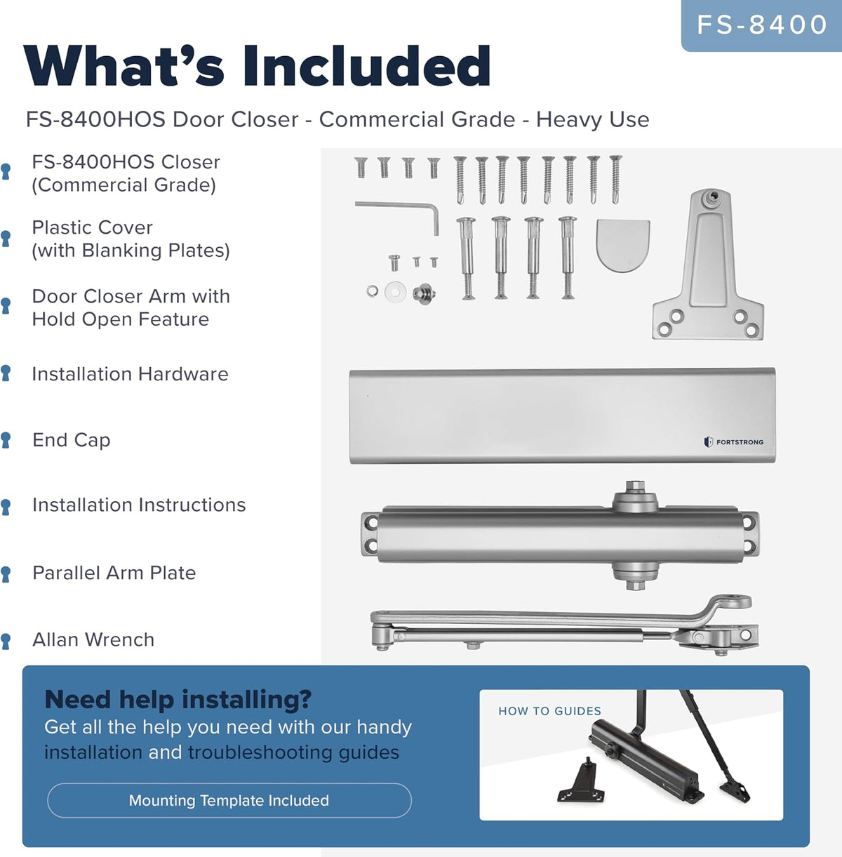 FH-8400HOS Heavy Duty Commercial Door Closer With Hold Open Function - Silver — What’s included