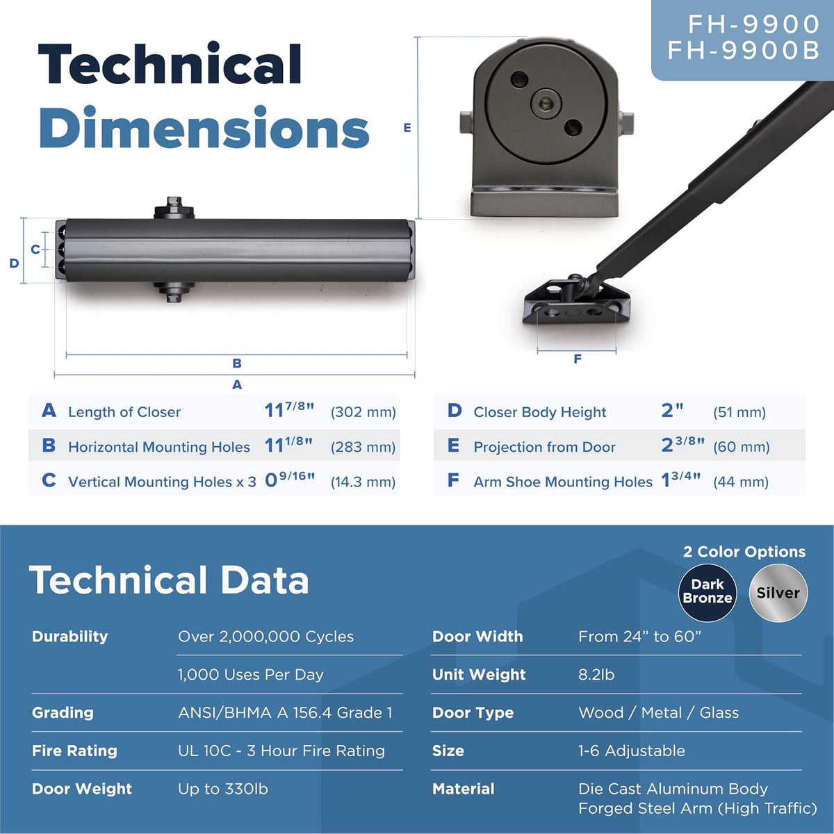 FH-9900B Heavy Duty Commercial Door Closer - Dark Bronze